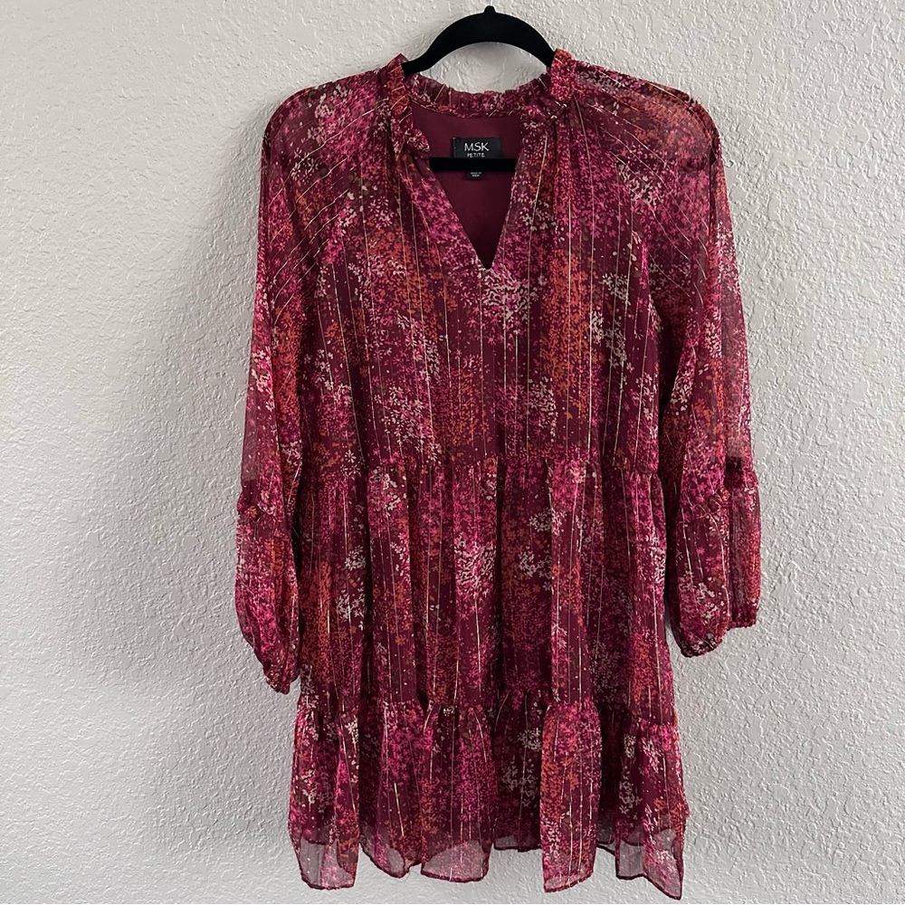 MSK Petite Floral Tiered Chiffon Dress PM Burgundy Romantic Boho Mini - Picture 2 of 13